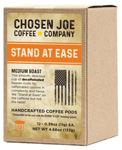 Load image into Gallery viewer, This smooth, delicious cup of decaffeinated heaven rivals its caffeinated cousins in complexity and flavor. We &quot;Stand at Ease&quot; on the caffeine but not the taste!  Ingredients: Decaffeinated Coffee
