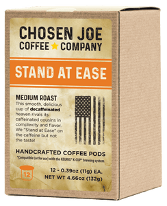 This smooth, delicious cup of decaffeinated heaven rivals its caffeinated cousins in complexity and flavor. We "Stand at Ease" on the caffeine but not the taste!  Ingredients: Decaffeinated Coffee